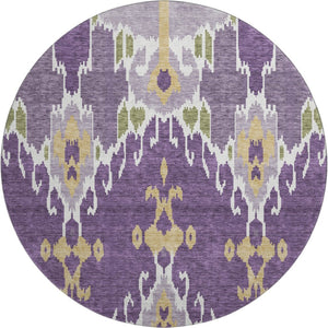 HomeRoots 8' Bold Ikat Washable Round Rug in Purple, Gold & Ivory – UV Protected, Stain-Resistant Comfort! 663020