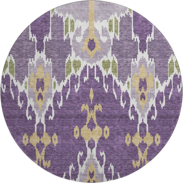 HomeRoots 8' Bold Ikat Washable Round Rug in Purple, Gold & Ivory – UV Protected, Stain-Resistant Comfort! 663020