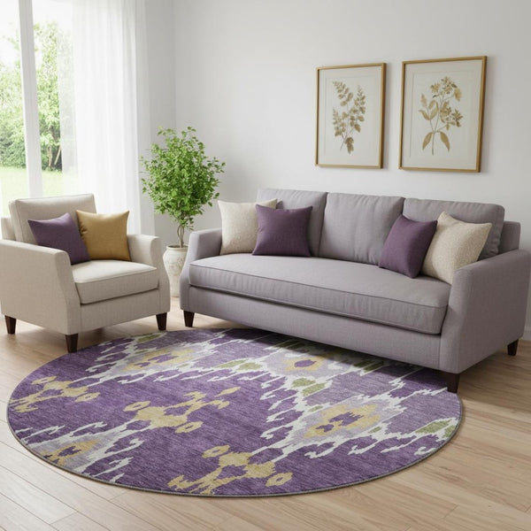 HomeRoots 8' Bold Ikat Washable Round Rug in Purple, Gold & Ivory – UV Protected, Stain-Resistant Comfort! 663020