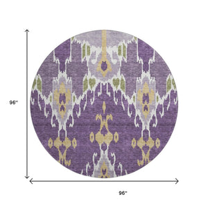 HomeRoots 8' Bold Ikat Washable Round Rug in Purple, Gold & Ivory – UV Protected, Stain-Resistant Comfort! 663020