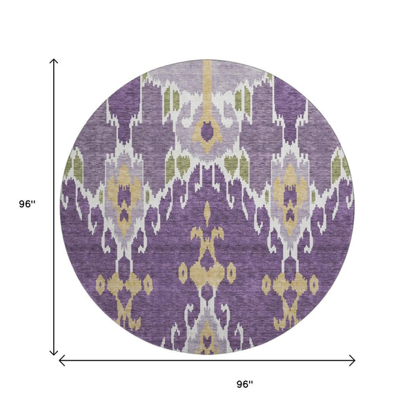 HomeRoots 8' Bold Ikat Washable Round Rug in Purple, Gold & Ivory – UV Protected, Stain-Resistant Comfort! 663020