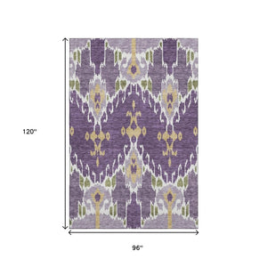 HomeRoots 8' X 10' Stylish Ikat Area Rug in Purple, Gold & Ivory – Washable, Stain-Resistant, UV-Protected! 663021