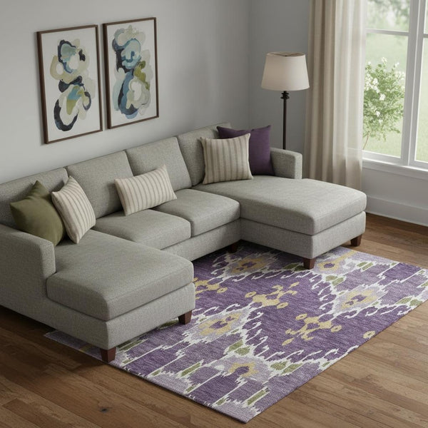 HomeRoots 8' X 10' Stylish Ikat Area Rug in Purple, Gold & Ivory – Washable, Stain-Resistant, UV-Protected! 663021