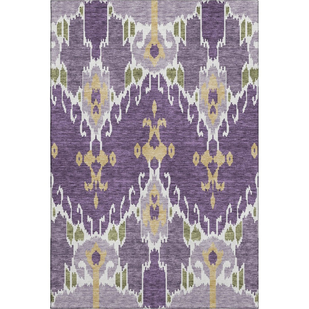 HomeRoots 8' X 10' Stylish Ikat Area Rug in Purple, Gold & Ivory – Washable, Stain-Resistant, UV-Protected! 663021