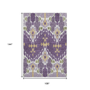 HomeRoots 9' X 12' Ikat Area Rug in Purple, Gold & Ivory – Washable, UV Protected, Stylish & Durable for High Traffic Areas 663022
