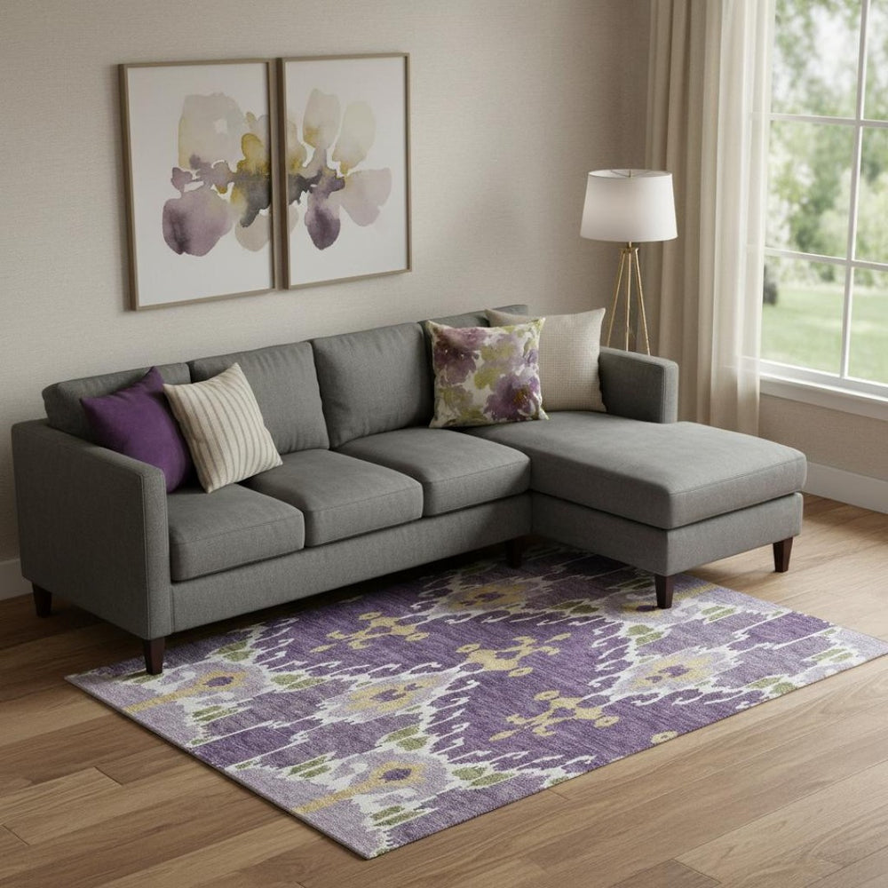HomeRoots 9' X 12' Ikat Area Rug in Purple, Gold & Ivory – Washable, UV Protected, Stylish & Durable for High Traffic Areas 663022