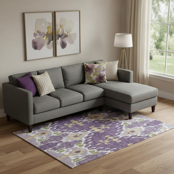 HomeRoots 9' X 12' Ikat Area Rug in Purple, Gold & Ivory – Washable, UV Protected, Stylish & Durable for High Traffic Areas 663022