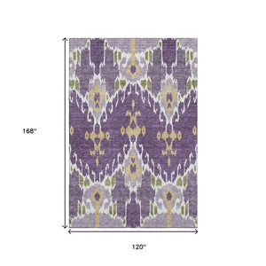 HomeRoots 10' X 14' Ikat Area Rug in Purple, Gold & Ivory – Washable, UV Protected, Durable & Stylish Accent 663023