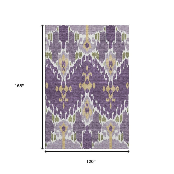 HomeRoots 10' X 14' Ikat Area Rug in Purple, Gold & Ivory – Washable, UV Protected, Durable & Stylish Accent 663023