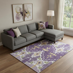 HomeRoots 10' X 14' Ikat Area Rug in Purple, Gold & Ivory – Washable, UV Protected, Durable & Stylish Accent 663023