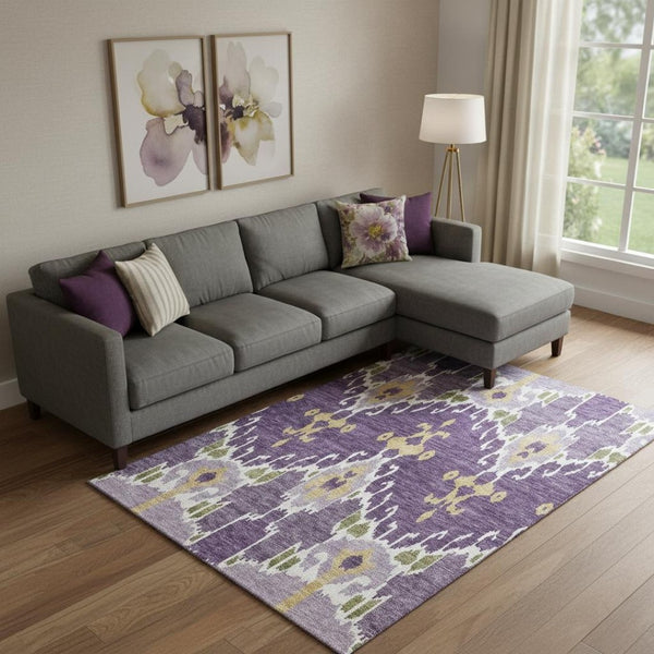 HomeRoots 10' X 14' Ikat Area Rug in Purple, Gold & Ivory – Washable, UV Protected, Durable & Stylish Accent 663023