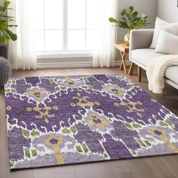 HomeRoots 10' X 14' Ikat Area Rug in Purple, Gold & Ivory – Washable, UV Protected, Durable & Stylish Accent 663023