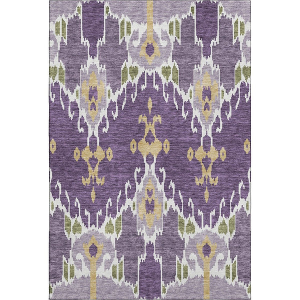 HomeRoots 10' X 14' Ikat Area Rug in Purple, Gold & Ivory – Washable, UV Protected, Durable & Stylish Accent 663023