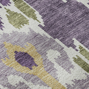 HomeRoots 10' X 14' Ikat Area Rug in Purple, Gold & Ivory – Washable, UV Protected, Durable & Stylish Accent 663023
