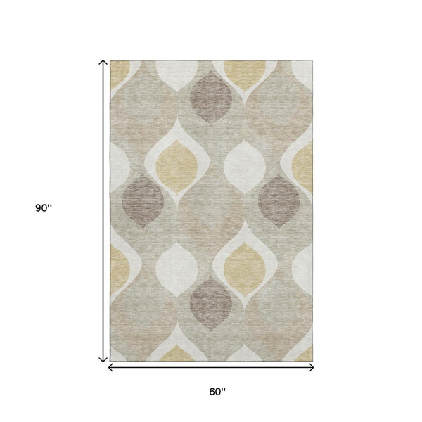 HomeRoots 5' X 8' Ogee Washable Area Rug in Beige, Ivory & Gold - Stain Resistant with UV Protection for Homes 663037