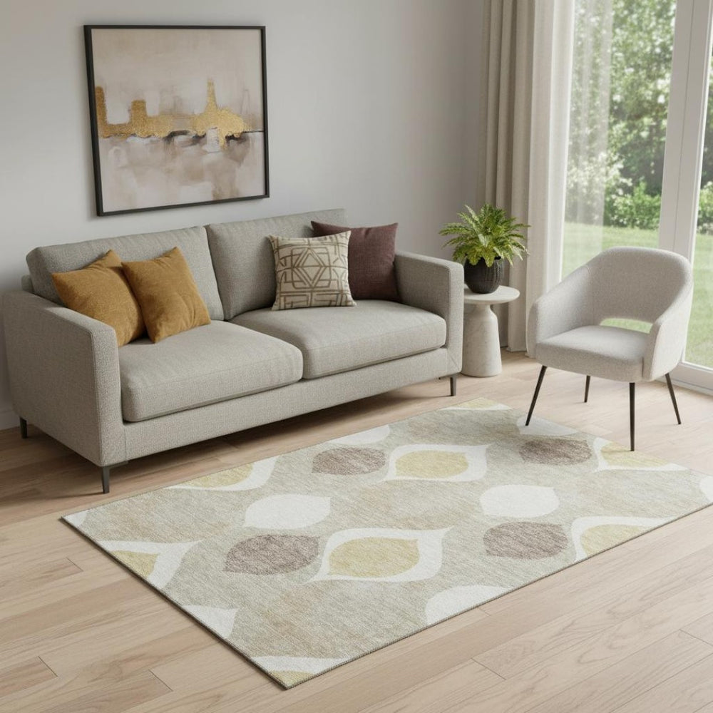 HomeRoots 5' X 8' Ogee Washable Area Rug in Beige, Ivory & Gold - Stain Resistant with UV Protection for Homes 663037