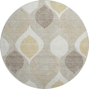HomeRoots 8' Beige Ivory and Gold Ogee Round Rug - Washable, UV Protected, Perfect for Family Living Spaces 663038