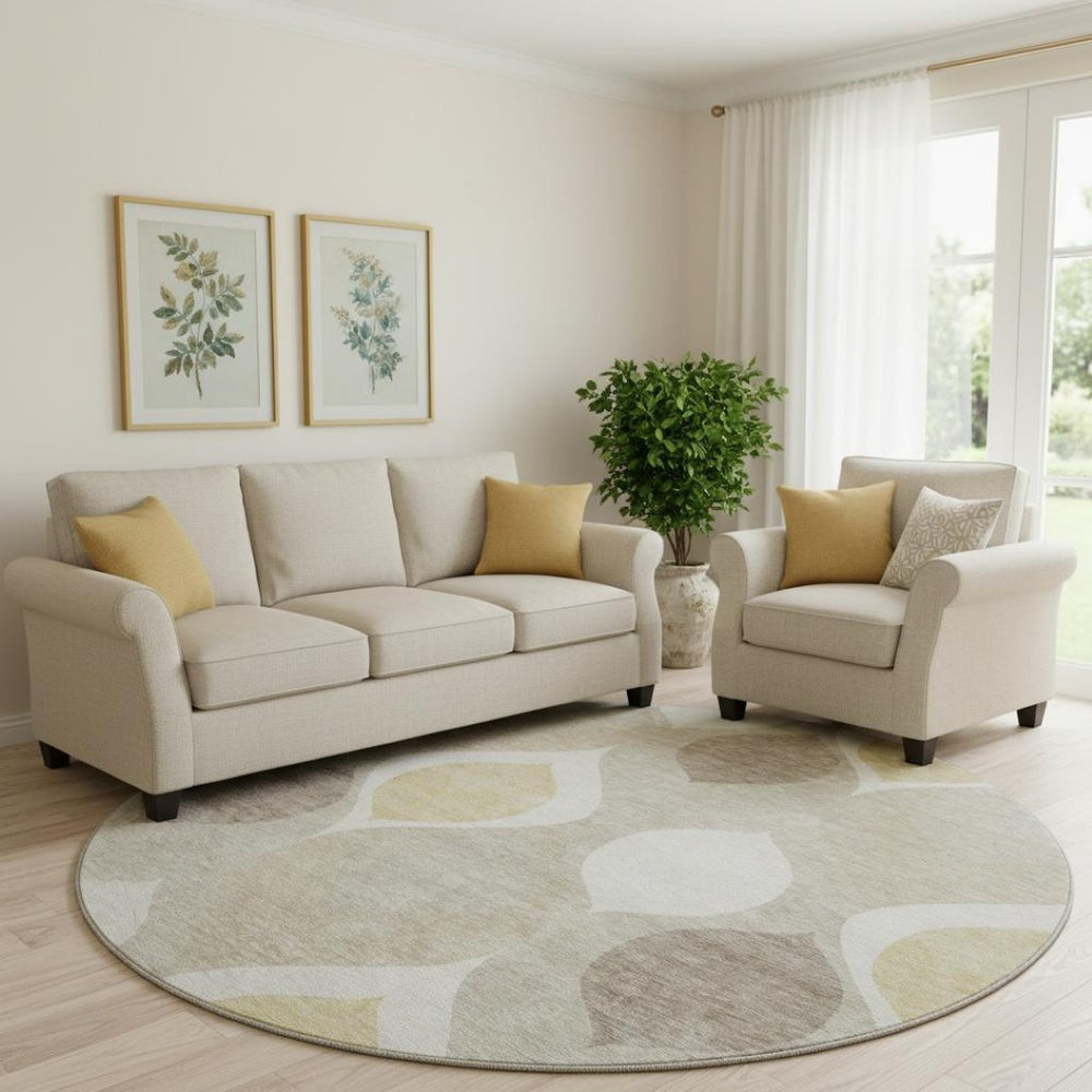 HomeRoots 8' Beige Ivory and Gold Ogee Round Rug - Washable, UV Protected, Perfect for Family Living Spaces 663038