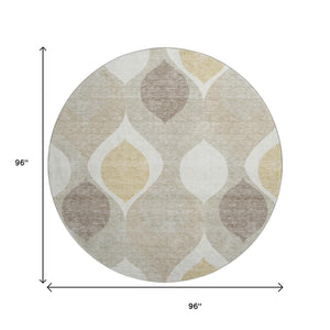 HomeRoots 8' Beige Ivory and Gold Ogee Round Rug - Washable, UV Protected, Perfect for Family Living Spaces 663038