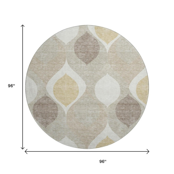 HomeRoots 8' Beige Ivory and Gold Ogee Round Rug - Washable, UV Protected, Perfect for Family Living Spaces 663038