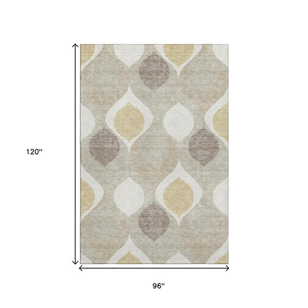 HomeRoots 8' X 10' Beige Ivory Gold Ogee Area Rug - Washable, UV Protected, Durable & Stylish for Any Space 663039