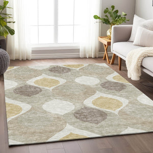 HomeRoots 8' X 10' Beige Ivory Gold Ogee Area Rug - Washable, UV Protected, Durable & Stylish for Any Space 663039