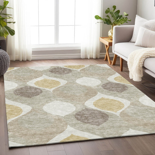 HomeRoots 8' X 10' Beige Ivory Gold Ogee Area Rug - Washable, UV Protected, Durable & Stylish for Any Space 663039