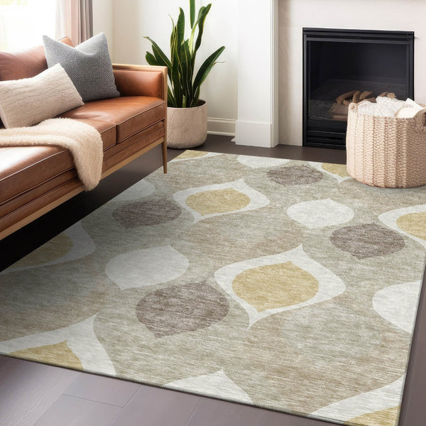 HomeRoots 8' X 10' Beige Ivory Gold Ogee Area Rug - Washable, UV Protected, Durable & Stylish for Any Space 663039