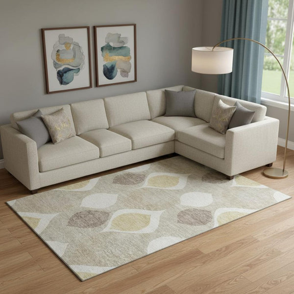 HomeRoots 9' X 12' Elegant Beige Ivory Gold Ogee Area Rug - Washable, UV-Protected, Perfect for Busy Homes 663040