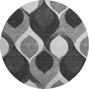 HomeRoots 8' Black And Silver Ogee Round Rug - Washable, UV Protected, Durable Design for High Traffic Areas 663044