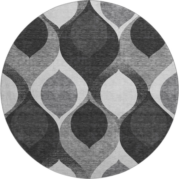 HomeRoots 8' Black And Silver Ogee Round Rug - Washable, UV Protected, Durable Design for High Traffic Areas 663044