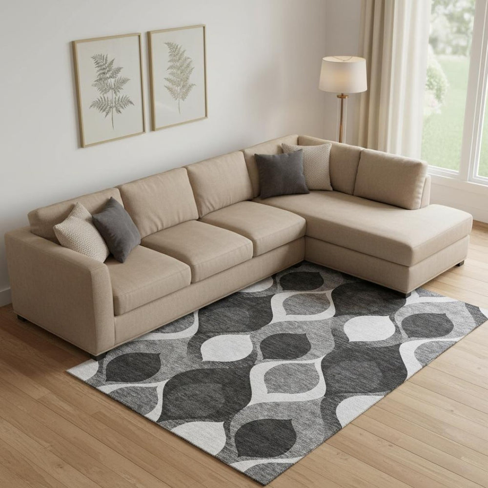 HomeRoots 8' X 10' Black And Silver Ogee Area Rug – Stylish, Washable, UV-Protected for Homes with Kids & Pets 663045