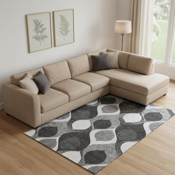 HomeRoots 8' X 10' Black And Silver Ogee Area Rug – Stylish, Washable, UV-Protected for Homes with Kids & Pets 663045