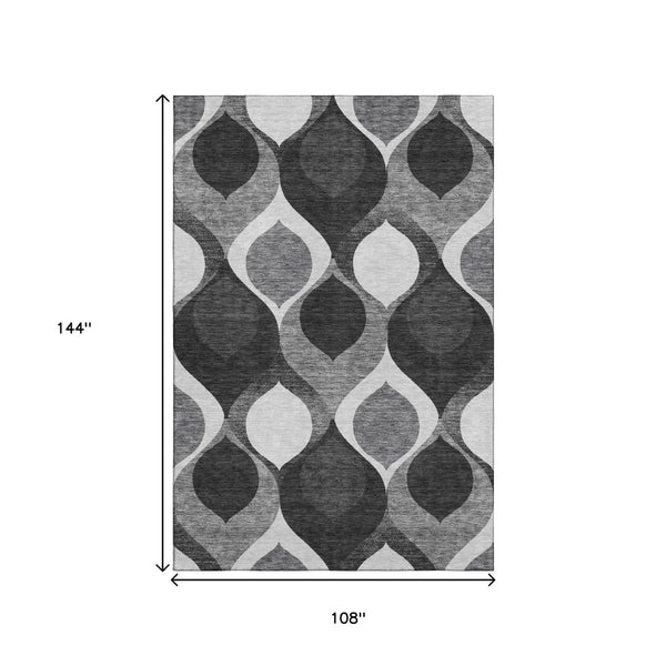 HomeRoots 9' X 12' Elegant Black & Silver Ogee Area Rug – Washable, UV Protected, Perfect for High-Traffic Spaces 663046