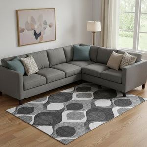 HomeRoots 9' X 12' Elegant Black & Silver Ogee Area Rug – Washable, UV Protected, Perfect for High-Traffic Spaces 663046