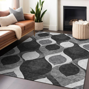 HomeRoots 9' X 12' Elegant Black & Silver Ogee Area Rug – Washable, UV Protected, Perfect for High-Traffic Spaces 663046