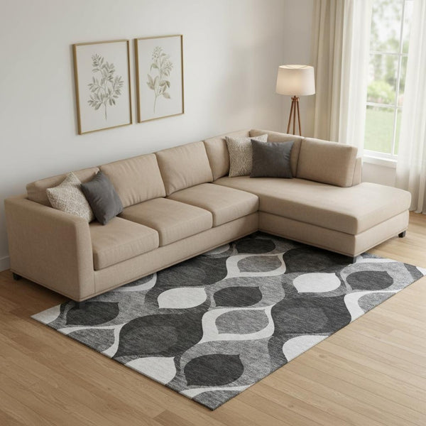 HomeRoots 10' X 14' Ogee Washable Area Rug in Black & Silver – Stylish, Stain-Resistant, UV Protected Rug 663047
