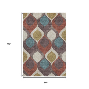 HomeRoots 5' Ogee Washable Area Rug in Brown, Rust & Teal – UV Protected, Stain Resistant, Durable Style Upgrade! 663049
