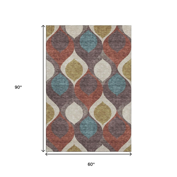 HomeRoots 5' Ogee Washable Area Rug in Brown, Rust & Teal – UV Protected, Stain Resistant, Durable Style Upgrade! 663049