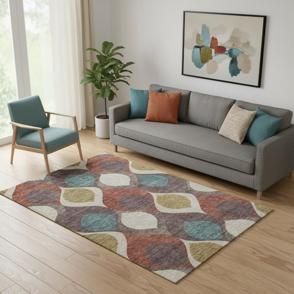 HomeRoots 5' Ogee Washable Area Rug in Brown, Rust & Teal – UV Protected, Stain Resistant, Durable Style Upgrade! 663049