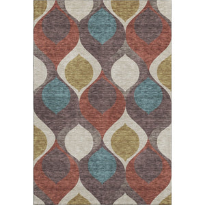 HomeRoots 5' Ogee Washable Area Rug in Brown, Rust & Teal – UV Protected, Stain Resistant, Durable Style Upgrade! 663049