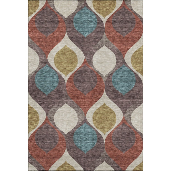 HomeRoots 5' Ogee Washable Area Rug in Brown, Rust & Teal – UV Protected, Stain Resistant, Durable Style Upgrade! 663049