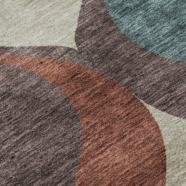 HomeRoots 5' Ogee Washable Area Rug in Brown, Rust & Teal – UV Protected, Stain Resistant, Durable Style Upgrade! 663049