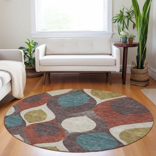 HomeRoots 8' Brown Rust and Teal Ogee Washable Round Rug - UV Protected, Stain Resistant, Durable for Family Spaces 663050