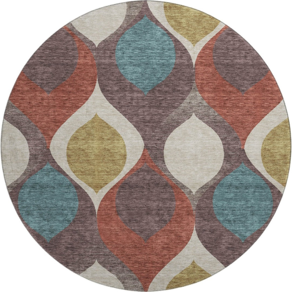HomeRoots 8' Brown Rust and Teal Ogee Washable Round Rug - UV Protected, Stain Resistant, Durable for Family Spaces 663050