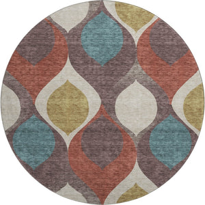HomeRoots 8' Brown Rust and Teal Ogee Washable Round Rug - UV Protected, Stain Resistant, Durable for Family Spaces 663050