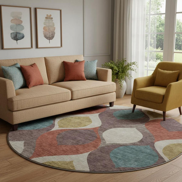 HomeRoots 8' Brown Rust and Teal Ogee Washable Round Rug - UV Protected, Stain Resistant, Durable for Family Spaces 663050