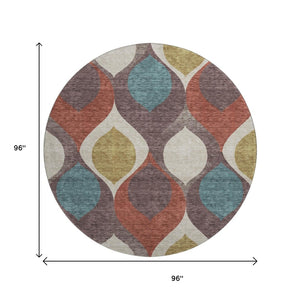 HomeRoots 8' Brown Rust and Teal Ogee Washable Round Rug - UV Protected, Stain Resistant, Durable for Family Spaces 663050