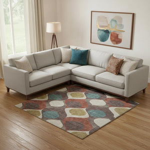 HomeRoots 8' X 10' Brown, Rust & Teal Ogee Washable Area Rug – Durable, UV-Protected, Pet-Friendly Comfort! 663051