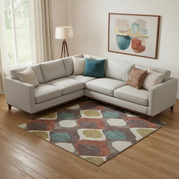 HomeRoots 8' X 10' Brown, Rust & Teal Ogee Washable Area Rug – Durable, UV-Protected, Pet-Friendly Comfort! 663051